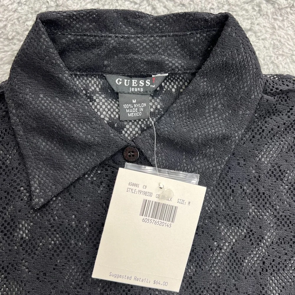 Guess U.S.A. Black Lace Fitted 3/4 Button Nylon Top Women's Size M VTG NWT‎